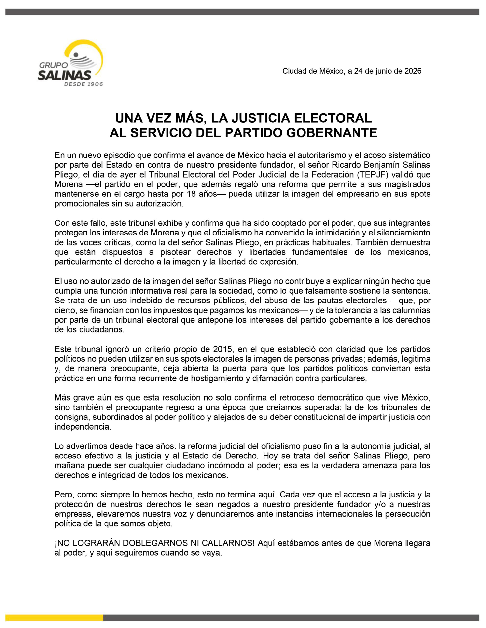 Tepjf avala uso de imagen de Salinas Pliego en spot