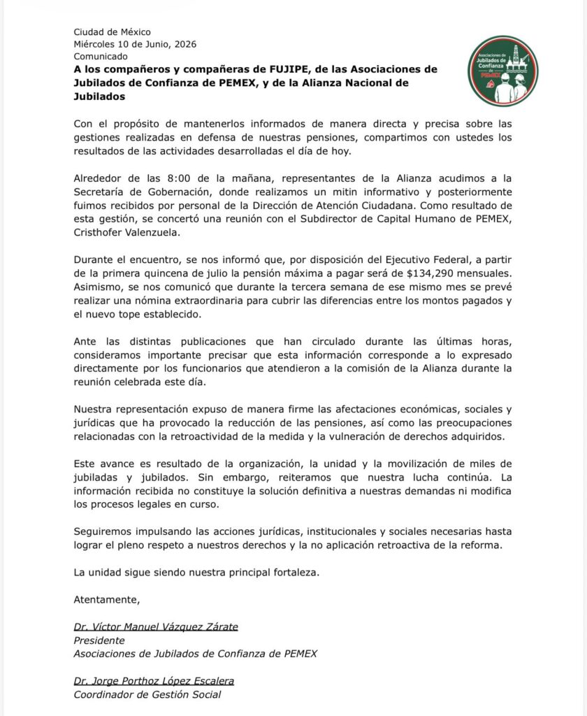 comunicado jubilados de Pemex