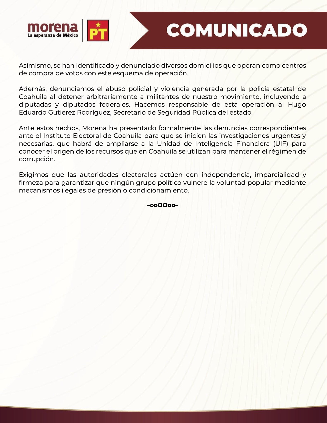 Comunicado Morena Coahuila votos 