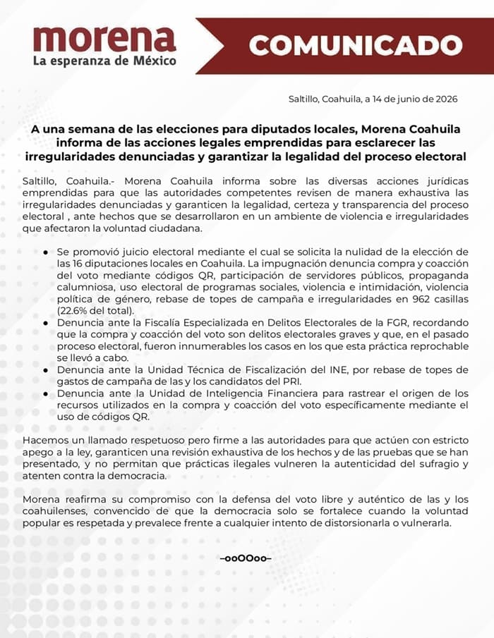 Morena denuncia fraude electoral Coahuila