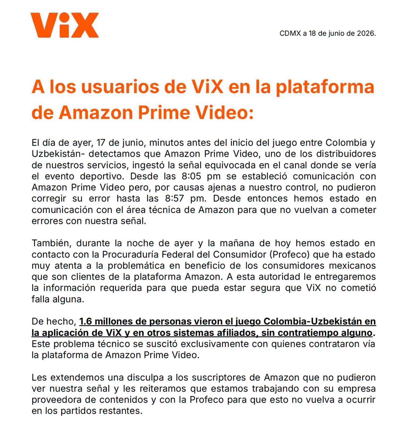 Comunicado oficial Vix