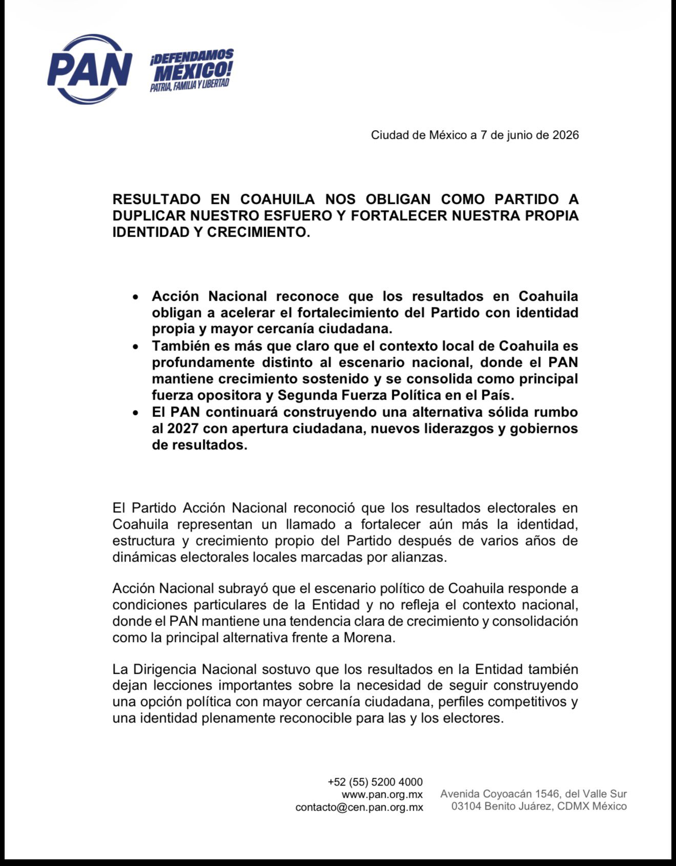 Comunicado del PAN