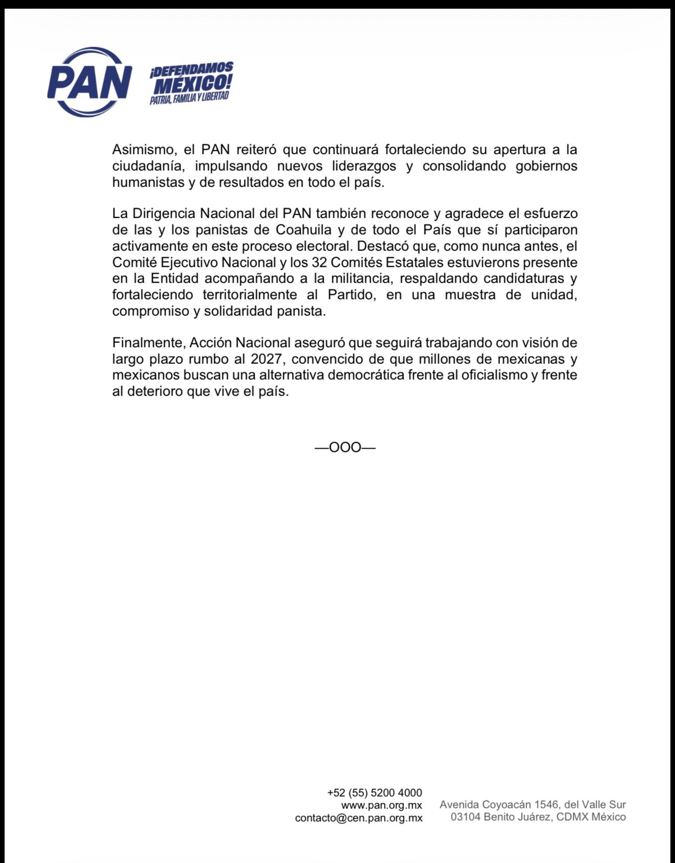 Comunicado del PAN