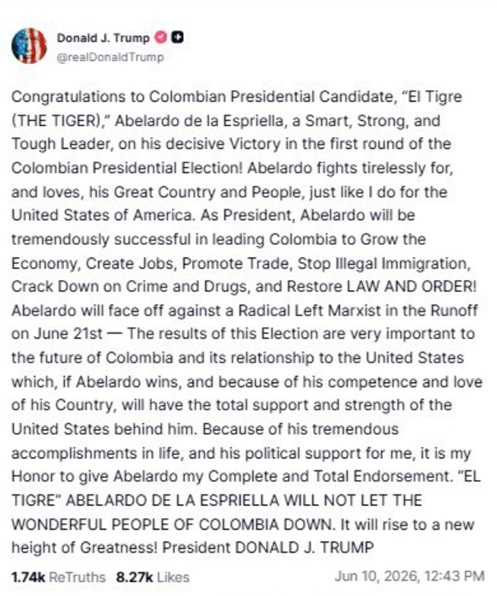 Trump apoya a Abelardo de la Espriella