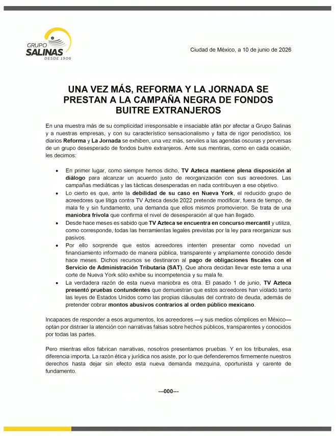Grupo Salinas acusa ataques desde Reforma y La Jornada
