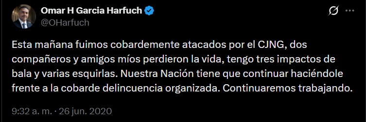 Mensaje de Harfuch tras atentado
