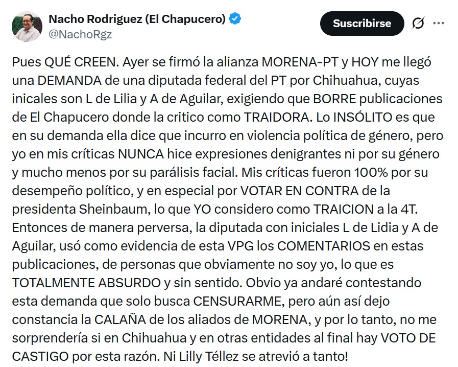 Nacho Rodríguez demanda a Lilia Aguilar