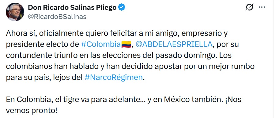 Salinas Pliego felicita a De la Espriella