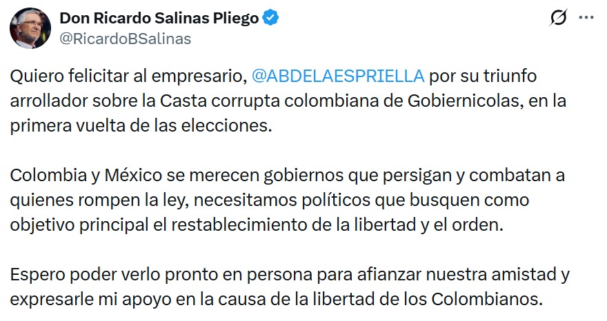 Salinas Pliego apoyo a Espriella 