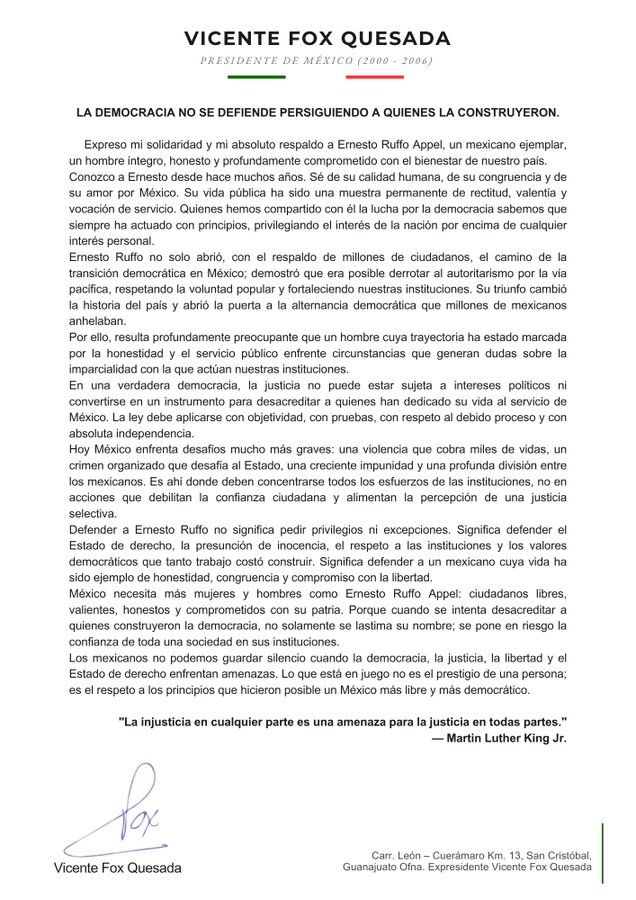 carta de Vicente Fox en defensa de Ruffo
