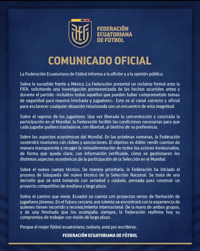 Comunicado de Ecuador por perder ante México