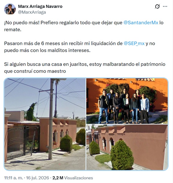 Marx Arriaga anuncia el remate de su casa