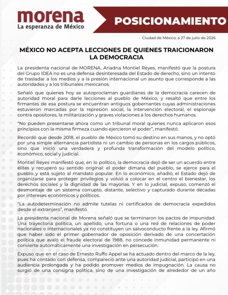 Morena responde a Grupo IDEA