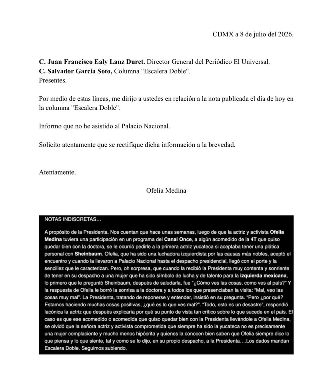 Ofelia Medina desmiente a García Soto y El Universal