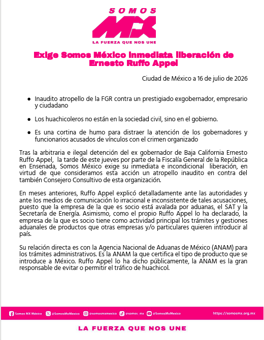 Somos MX defiende a Ernesto Ruffo y exige su liberación