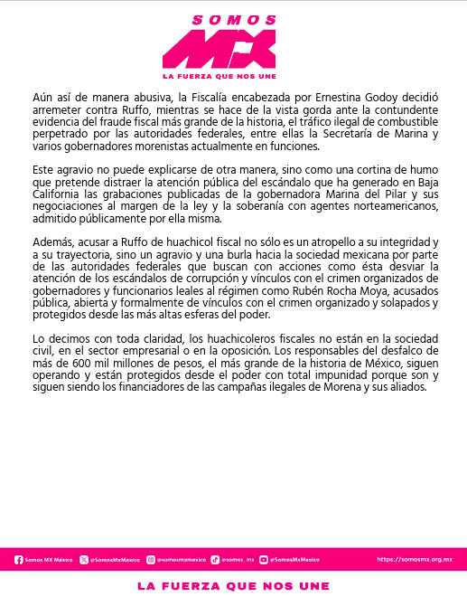 Somos MX defiende a Ernesto Ruffo y exige su liberación